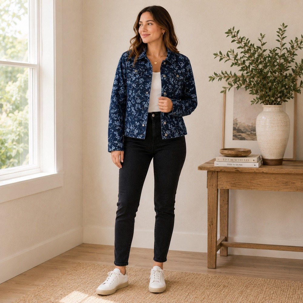 Croft & Barrow Womens Blue Floral Denim Jacket Stretch Trucker Coat Large
